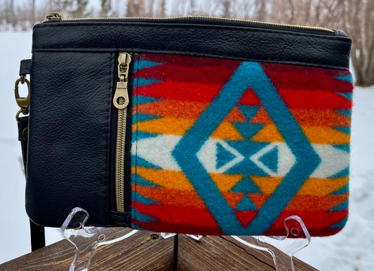 Pendleton Wool and Black Leather Wristlet