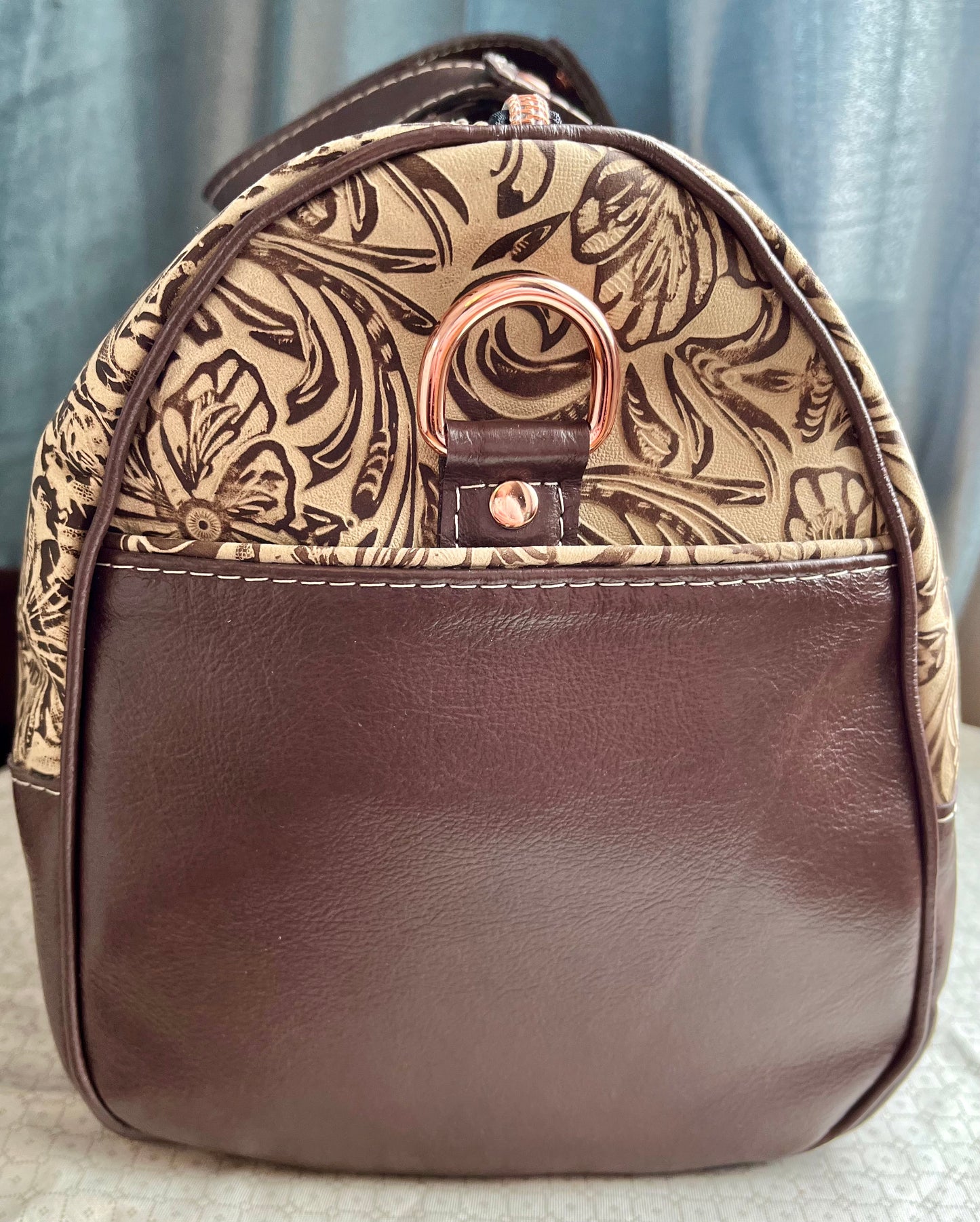 Chocolate Floral Embossed Barrel Bag