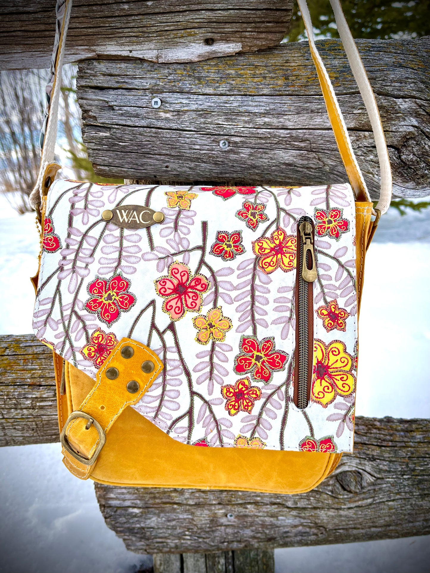 Yellow Leather with Floral Leather Flap Purse