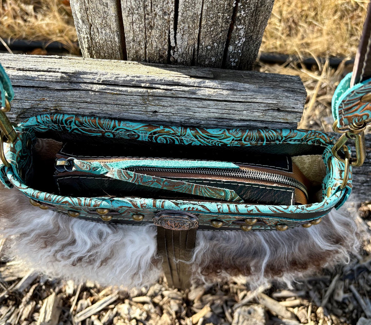 Mongolian Sheepskin Teal Embossed Leather Crossbody Purse