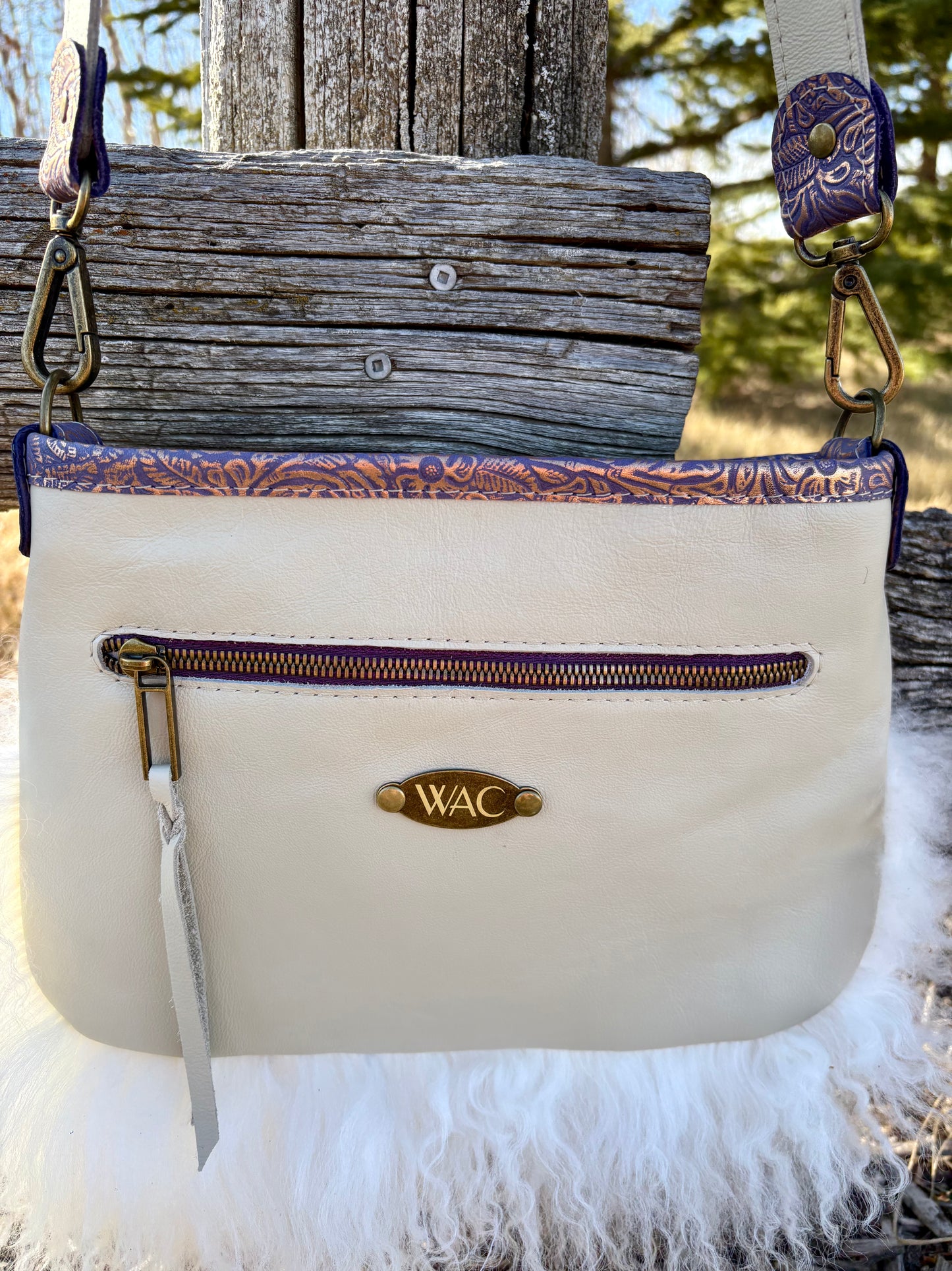 White Mongolian Sheepskin and Purple Embossed Leather Crossbody