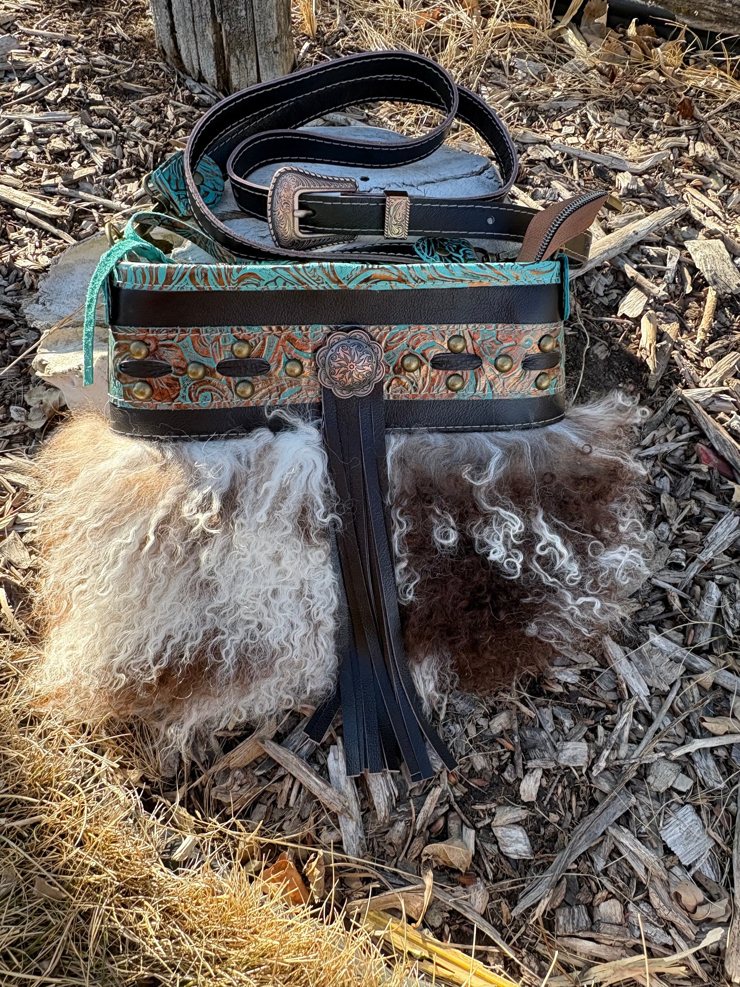 Mongolian Sheepskin Teal Embossed Leather Crossbody Purse