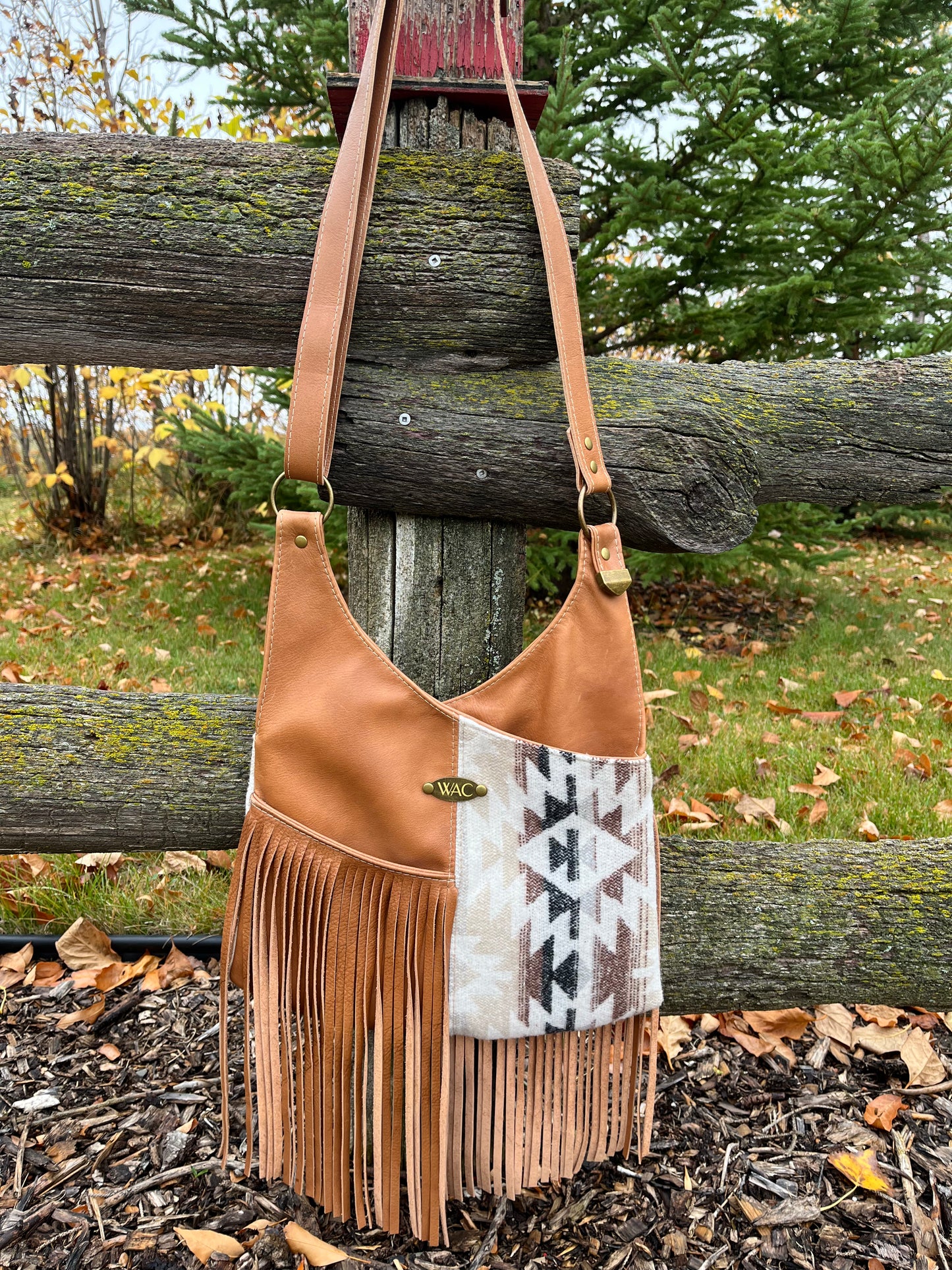 Fringe Chestnut Brown Leather and Wool Crossbody Purse