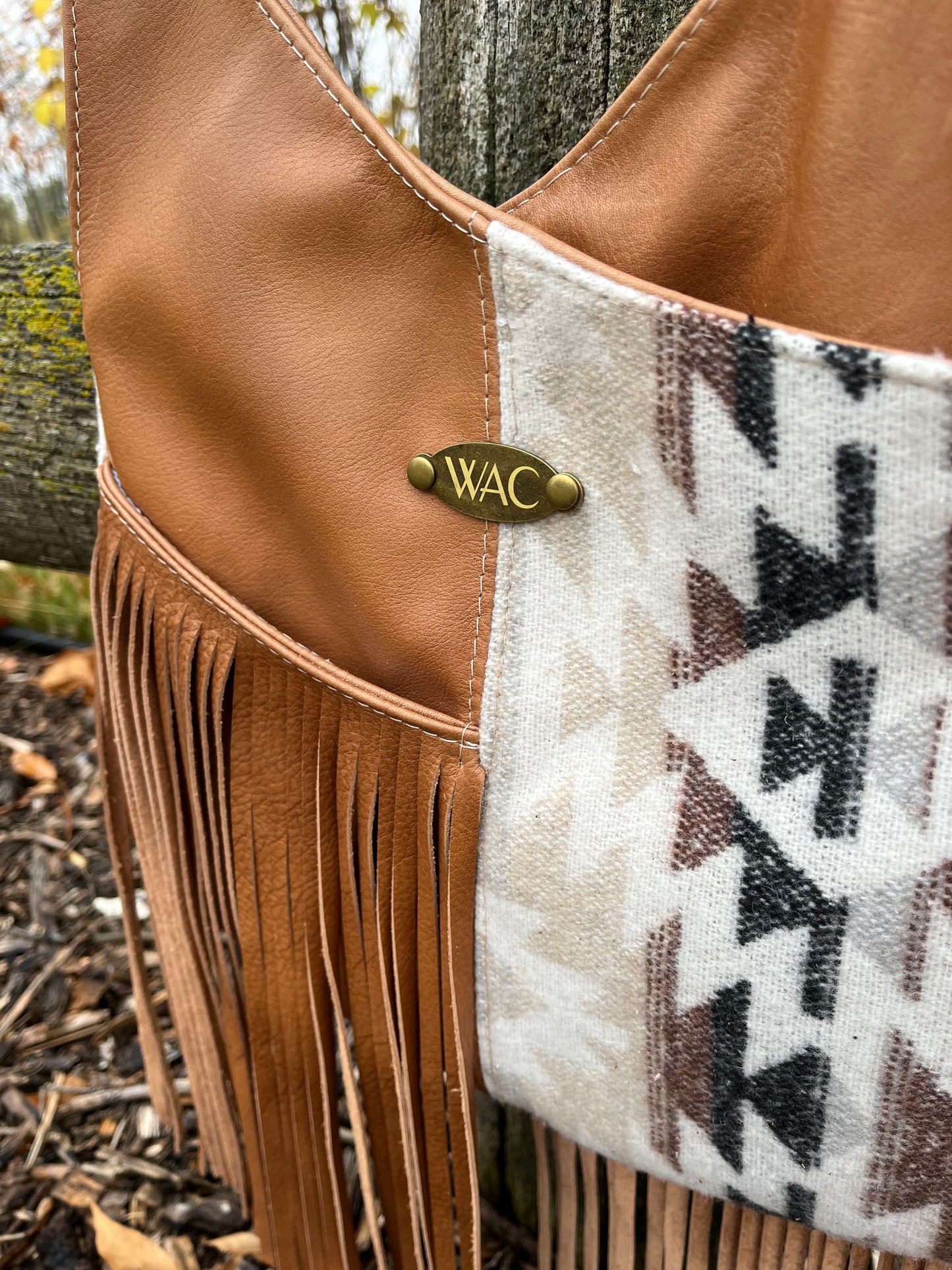 Fringe Chestnut Brown Leather and Wool Crossbody Purse