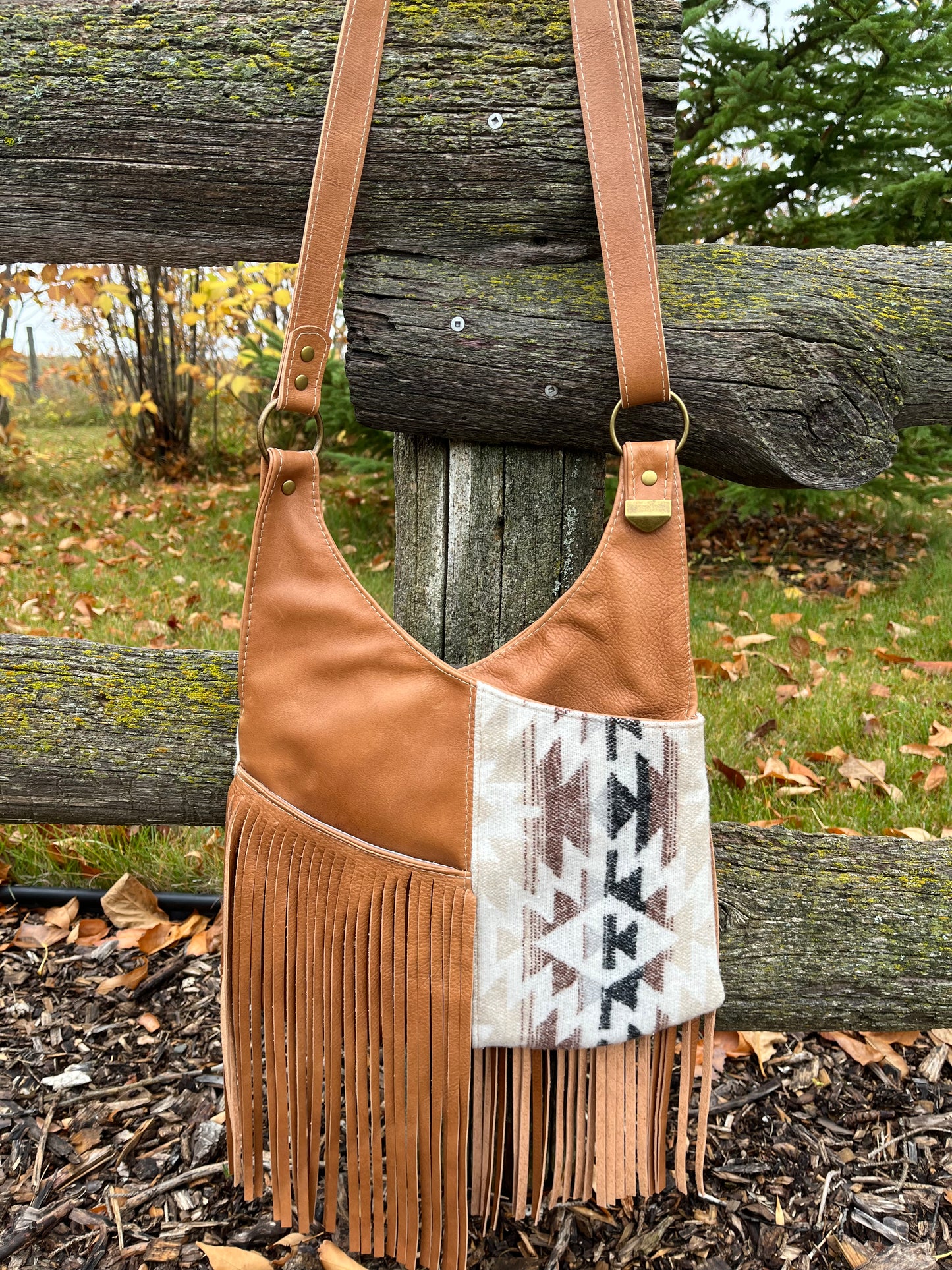 Fringe Chestnut Brown Leather and Wool Crossbody Purse