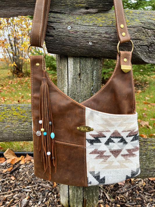 Brown Leather and Wool Crossbody Purse