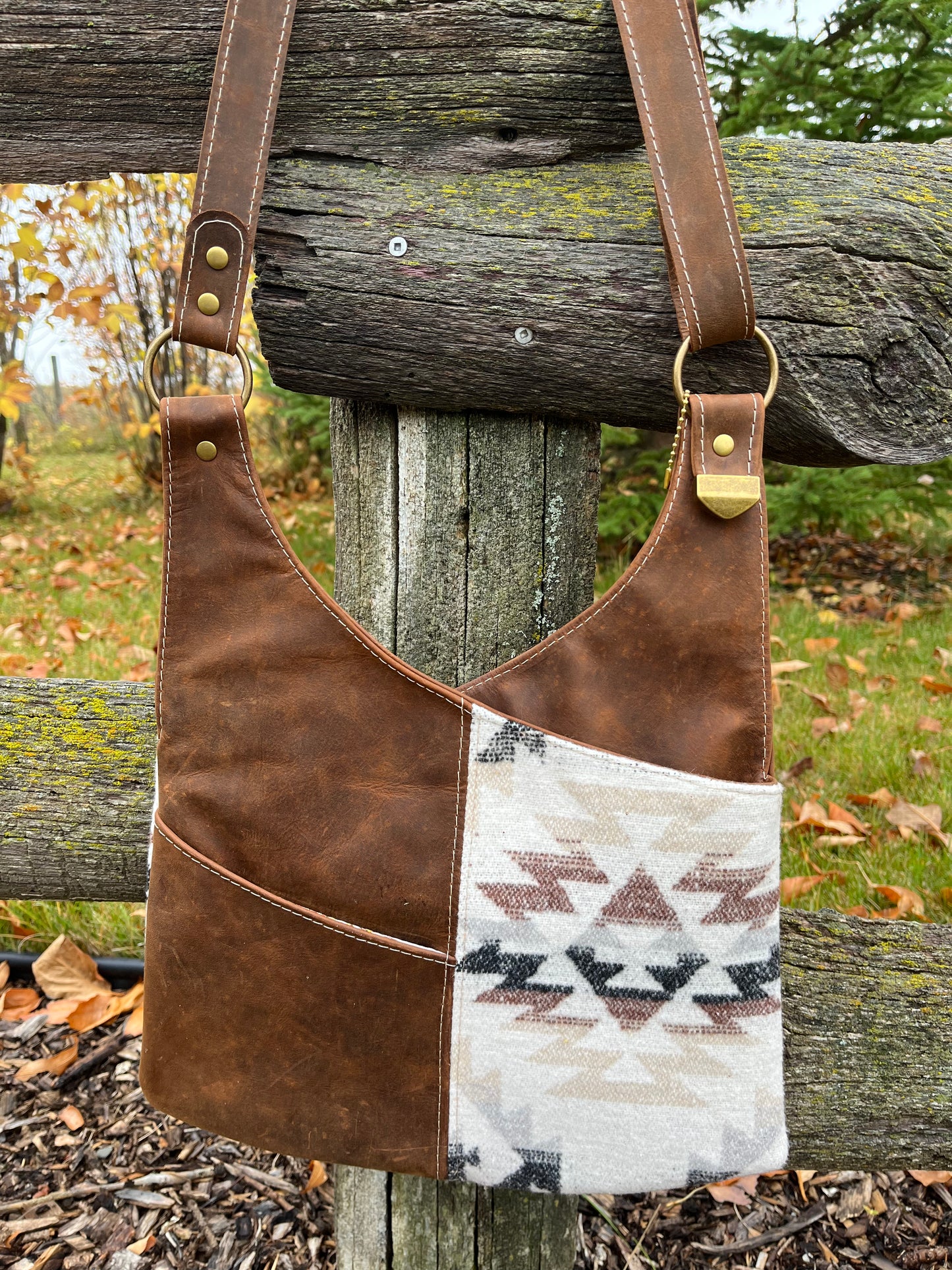 Brown Leather and Wool Crossbody Purse