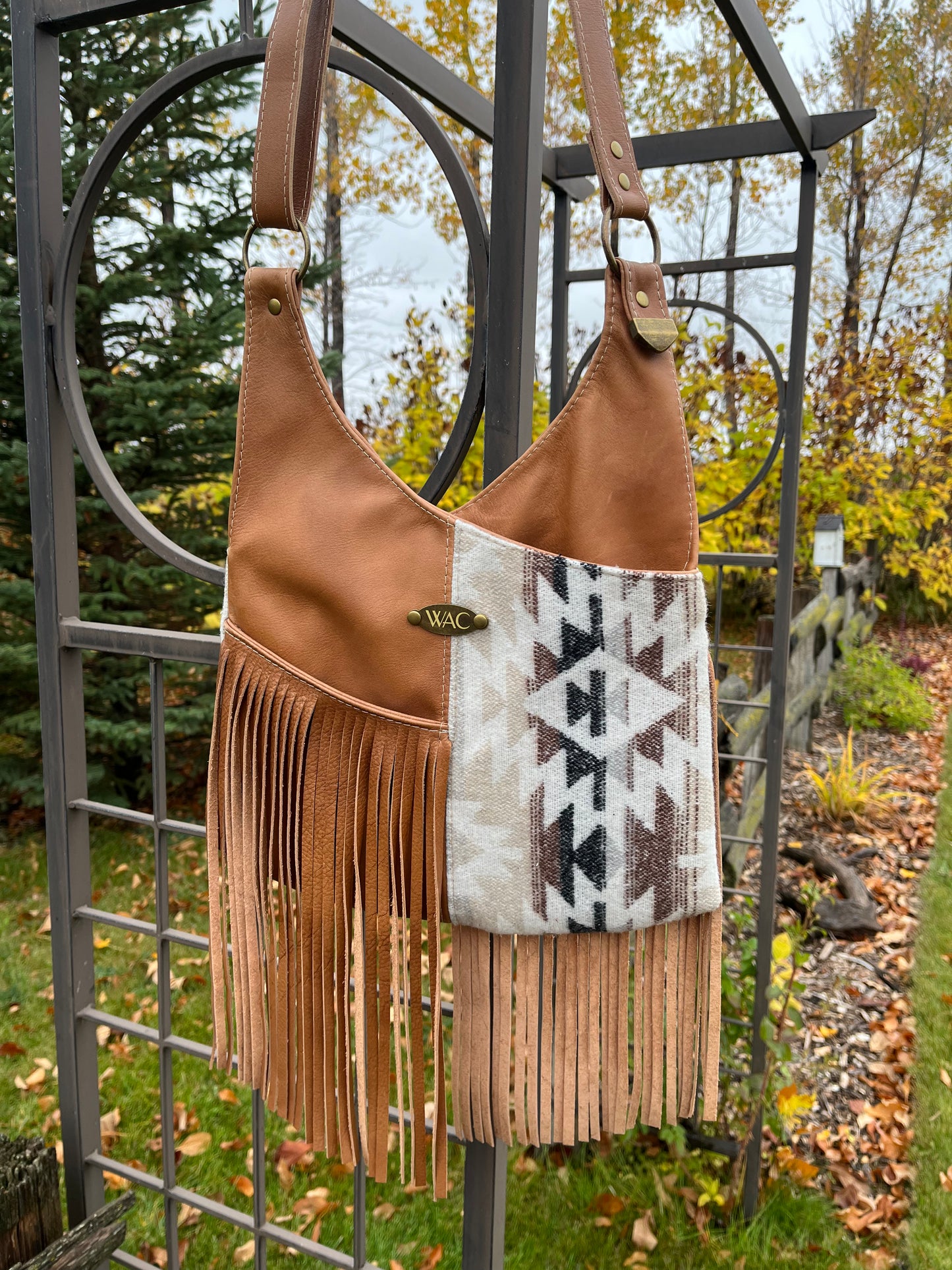 Fringe Chestnut Brown Leather and Wool Crossbody Purse