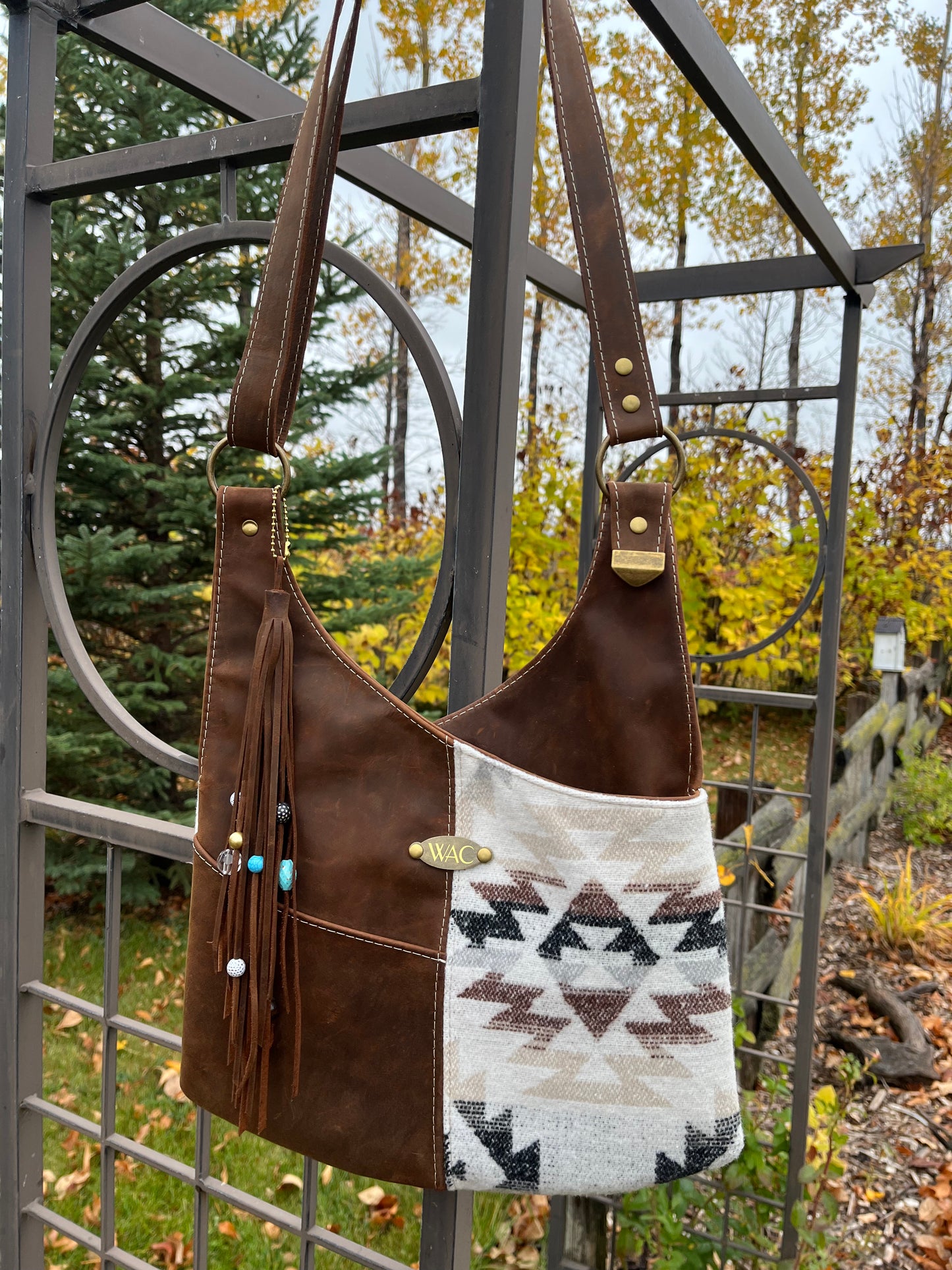 Brown Leather and Wool Crossbody Purse