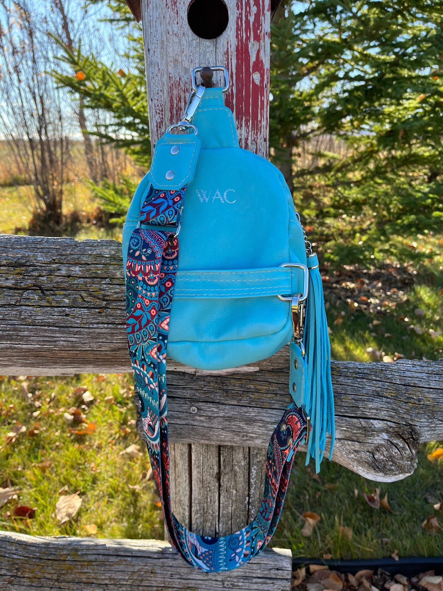 Teal 3 piece leather sling, wallet and coin pouch set