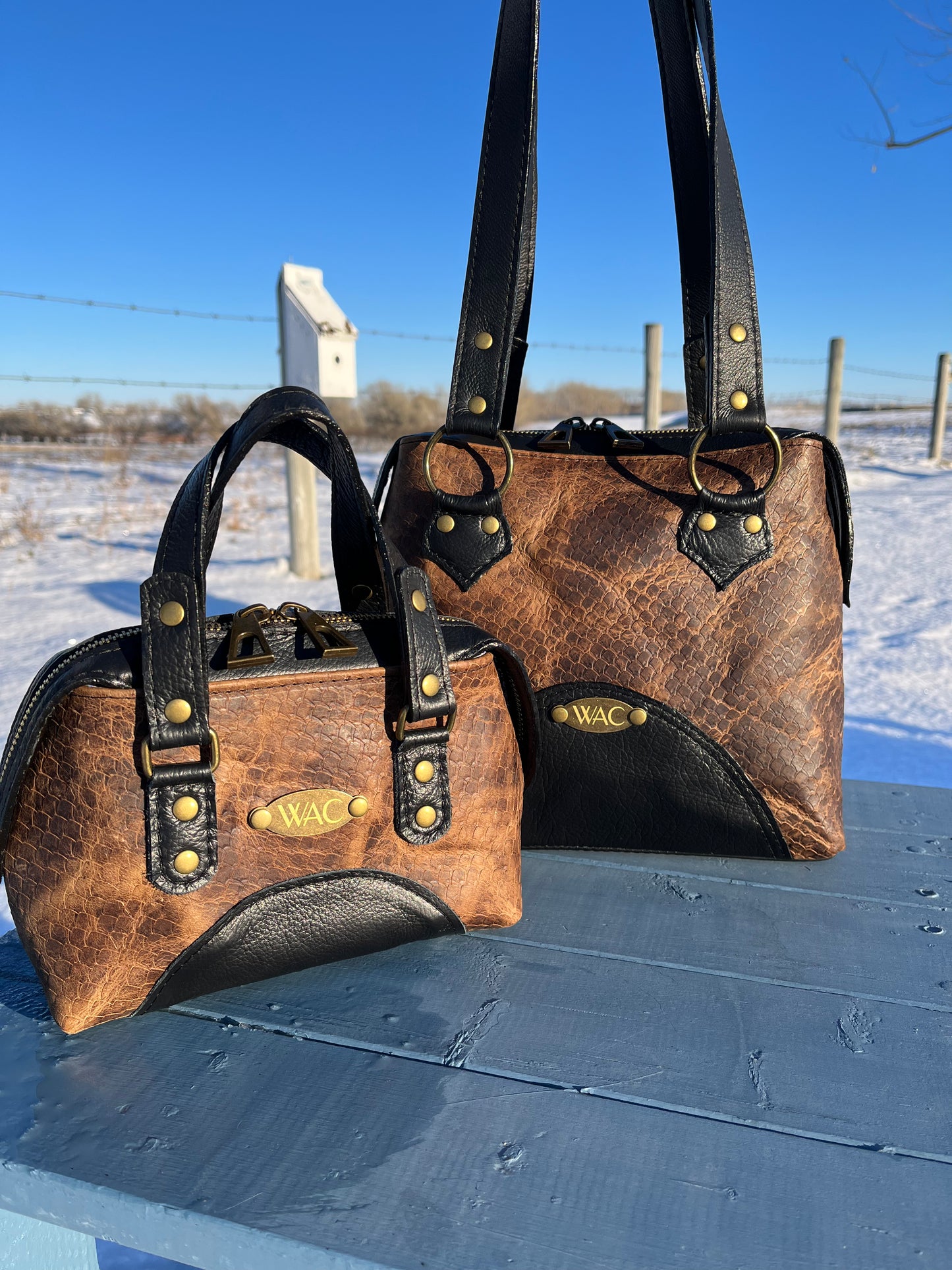 Embossed and Distressed Brown Leather Purse Set