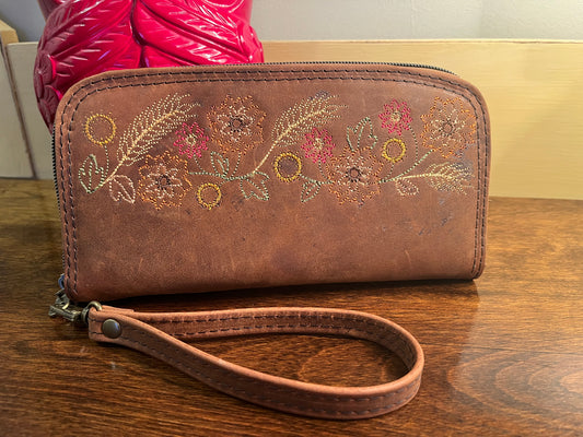 Leather Embroidered Zip Around Wallet