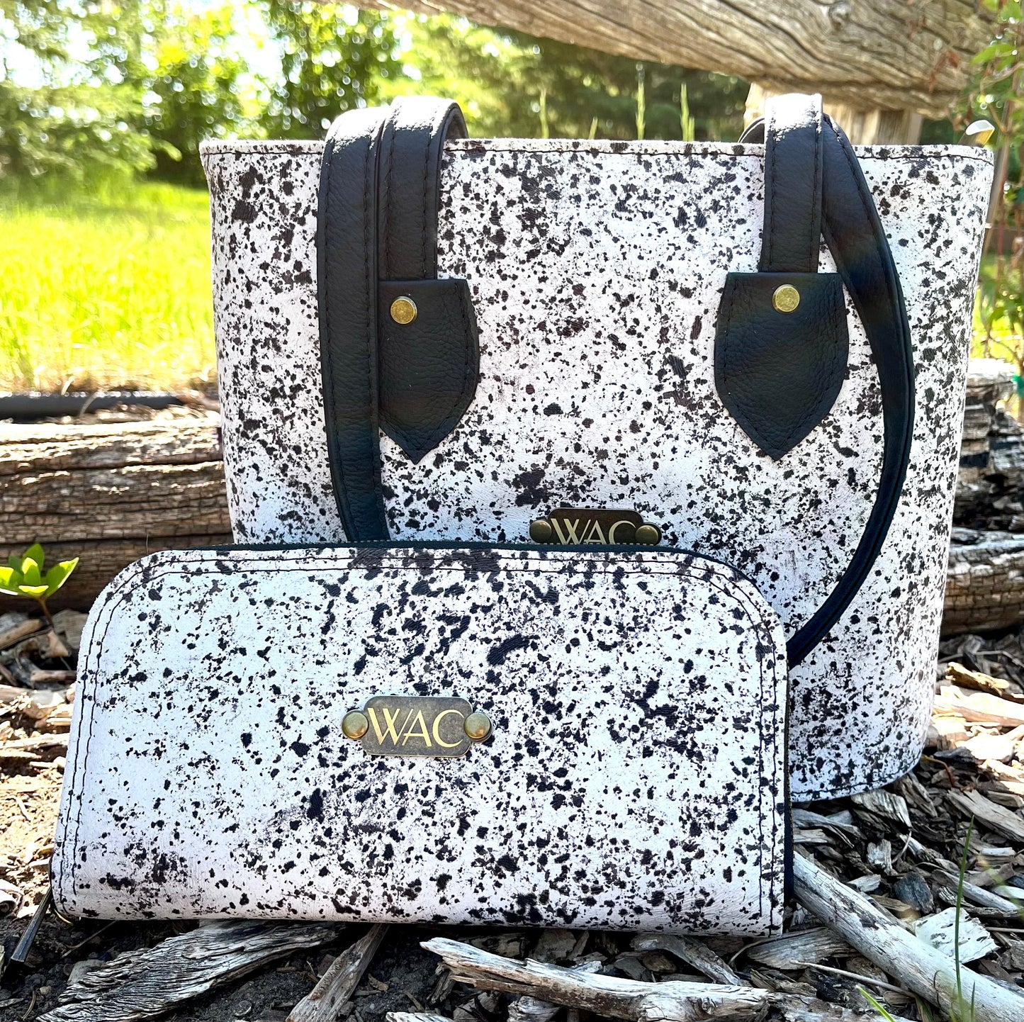 Speckled Black and White Leather Shoulder Bag and Matching Wallet
