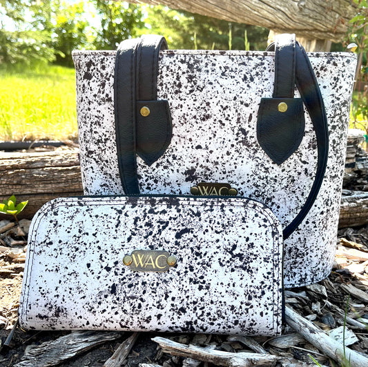 Speckled Black and White Leather Shoulder Bag and Matching Wallet