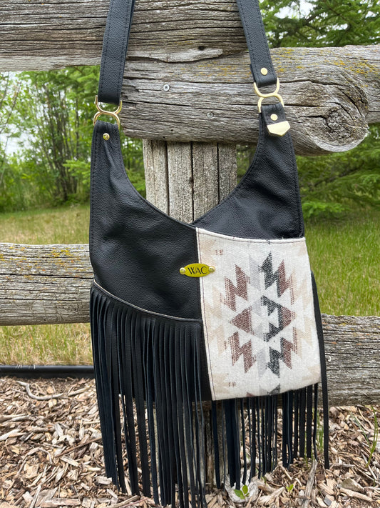 Black Leather Fringe and Wool Crossbody Purse
