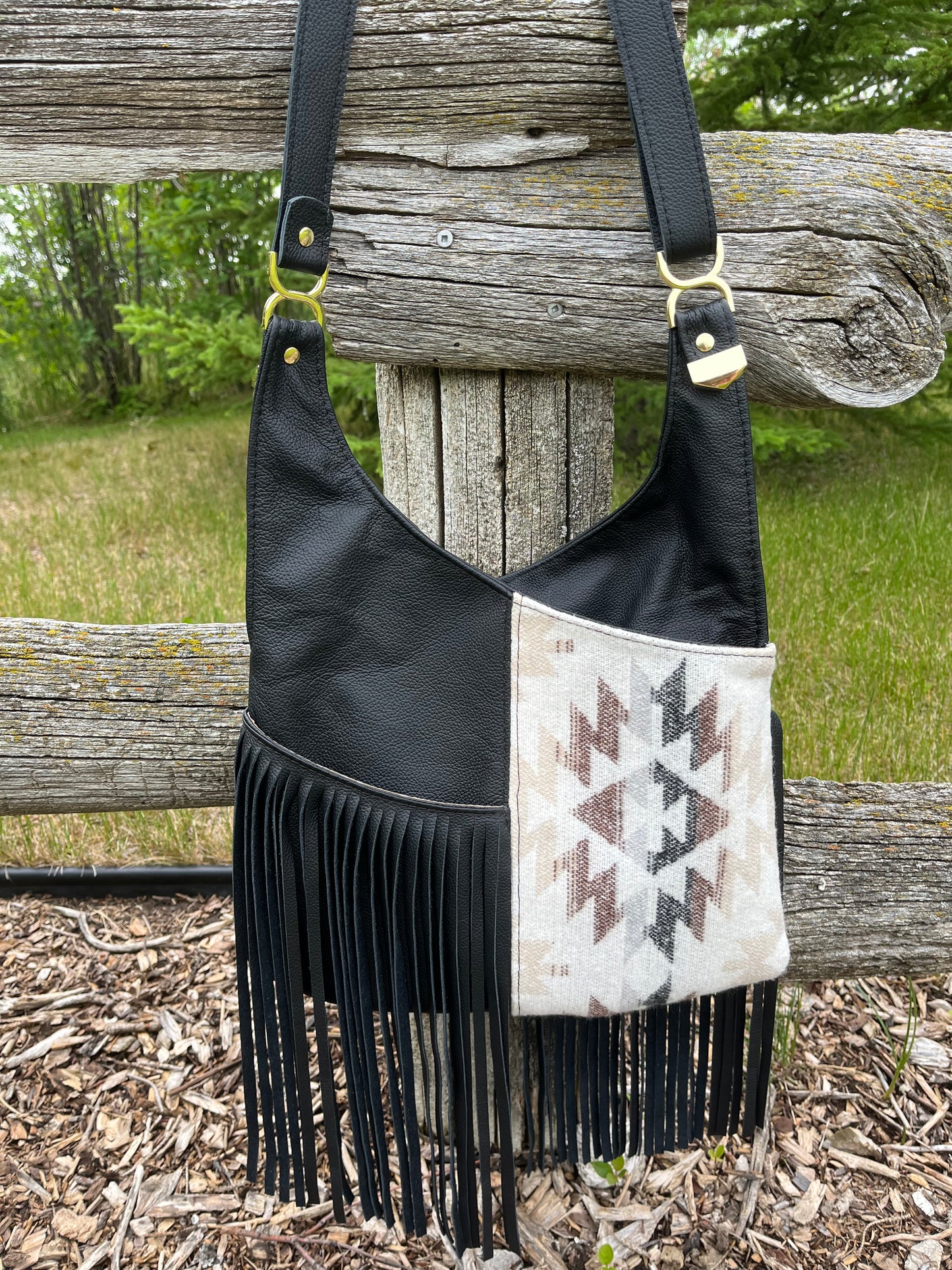 Black Leather Fringe and Wool Crossbody Purse