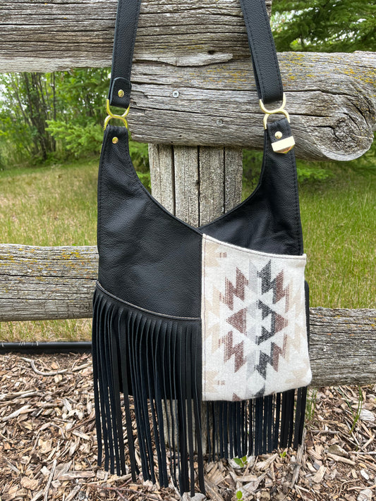 Black Leather Fringe and Wool Crossbody Purse