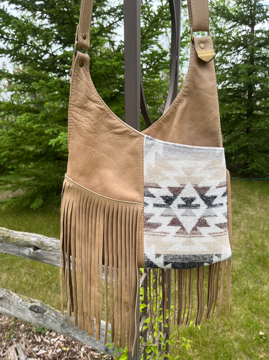 Fringe, Wool and Leather Crossbody Purse