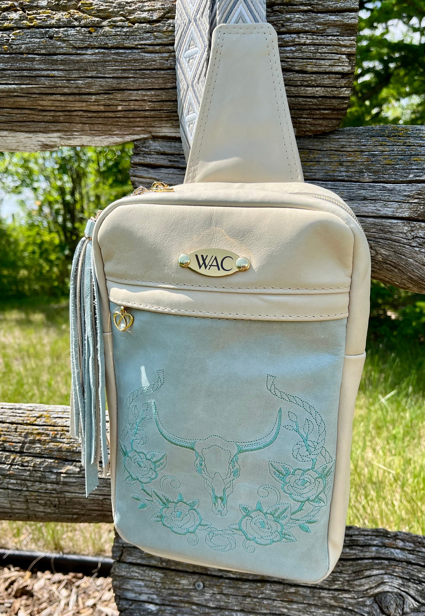 Teal and Cream Leather Embroidered Sling