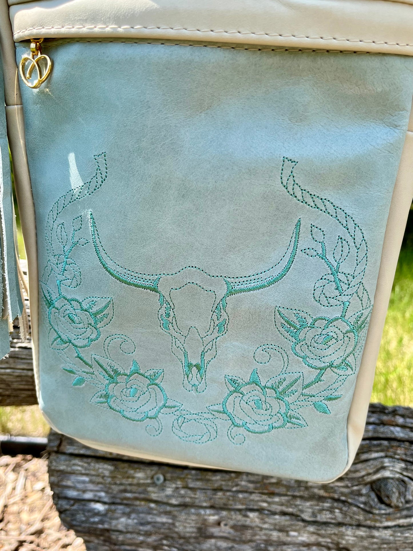 Teal and Cream Leather Embroidered Sling