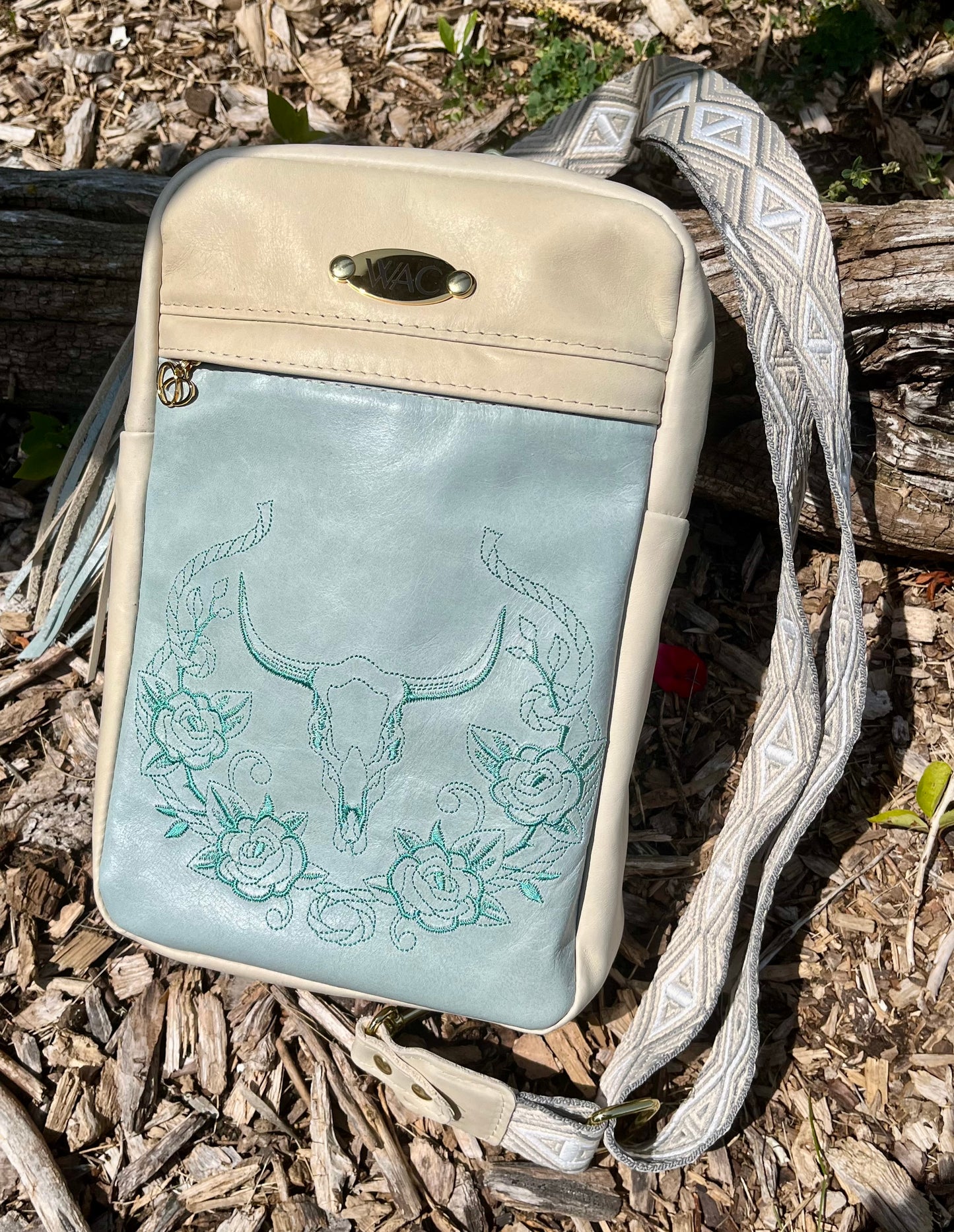 Teal and Cream Leather Embroidered Sling