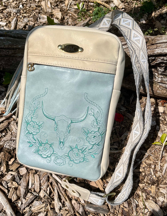 Teal and Cream Leather Embroidered Sling