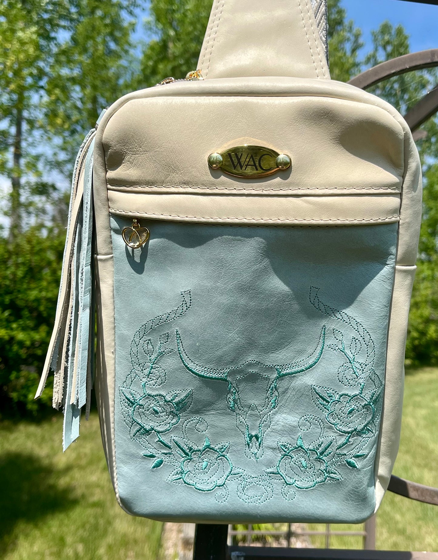 Teal and Cream Leather Embroidered Sling