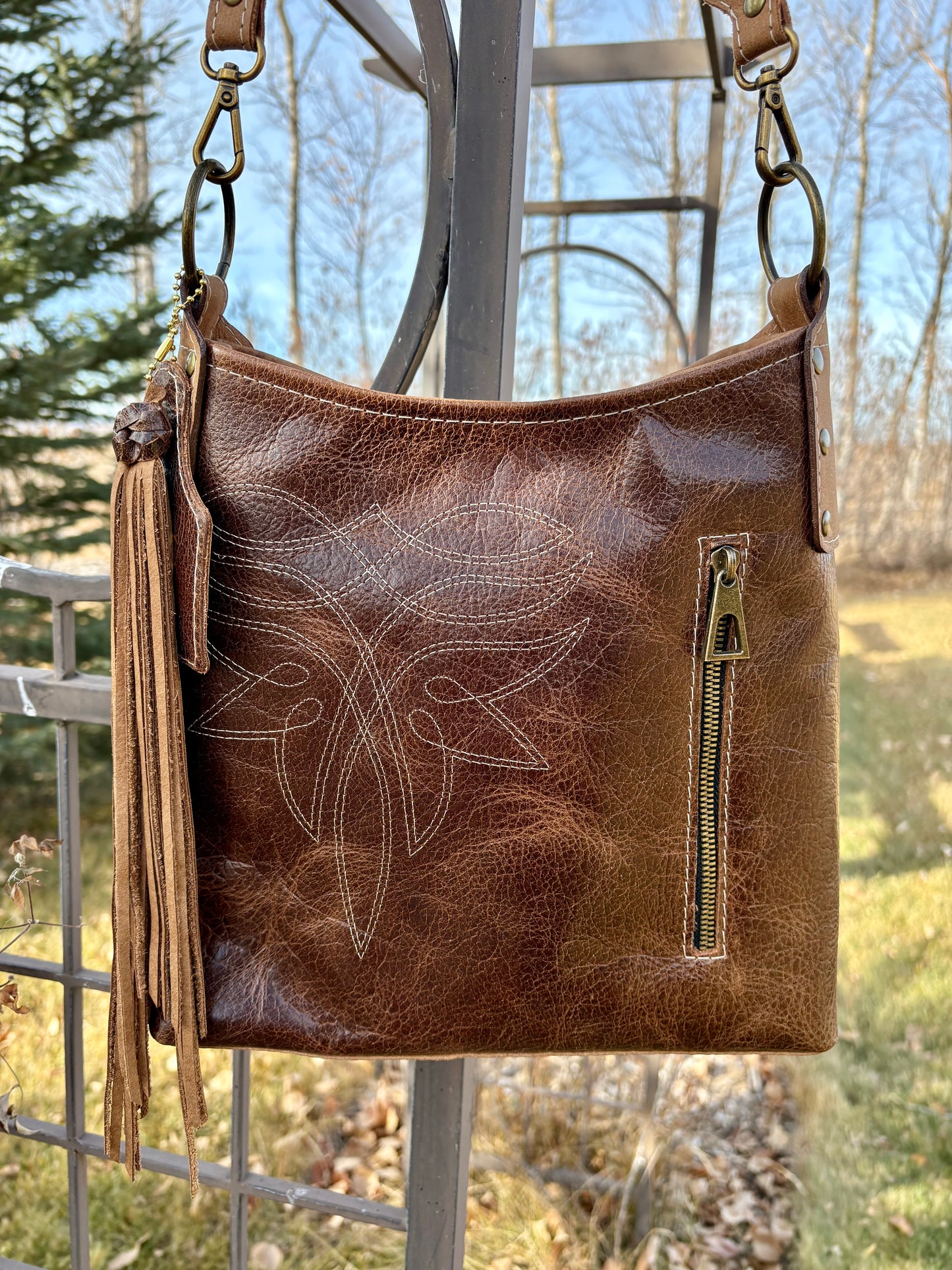 Boot stitch Embroidered Leather Crossbody Purse