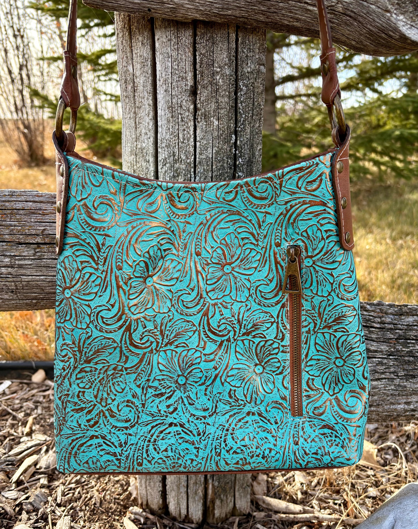 Copper Embossed Teal Leather Crossbody Purse and Matching Wallet