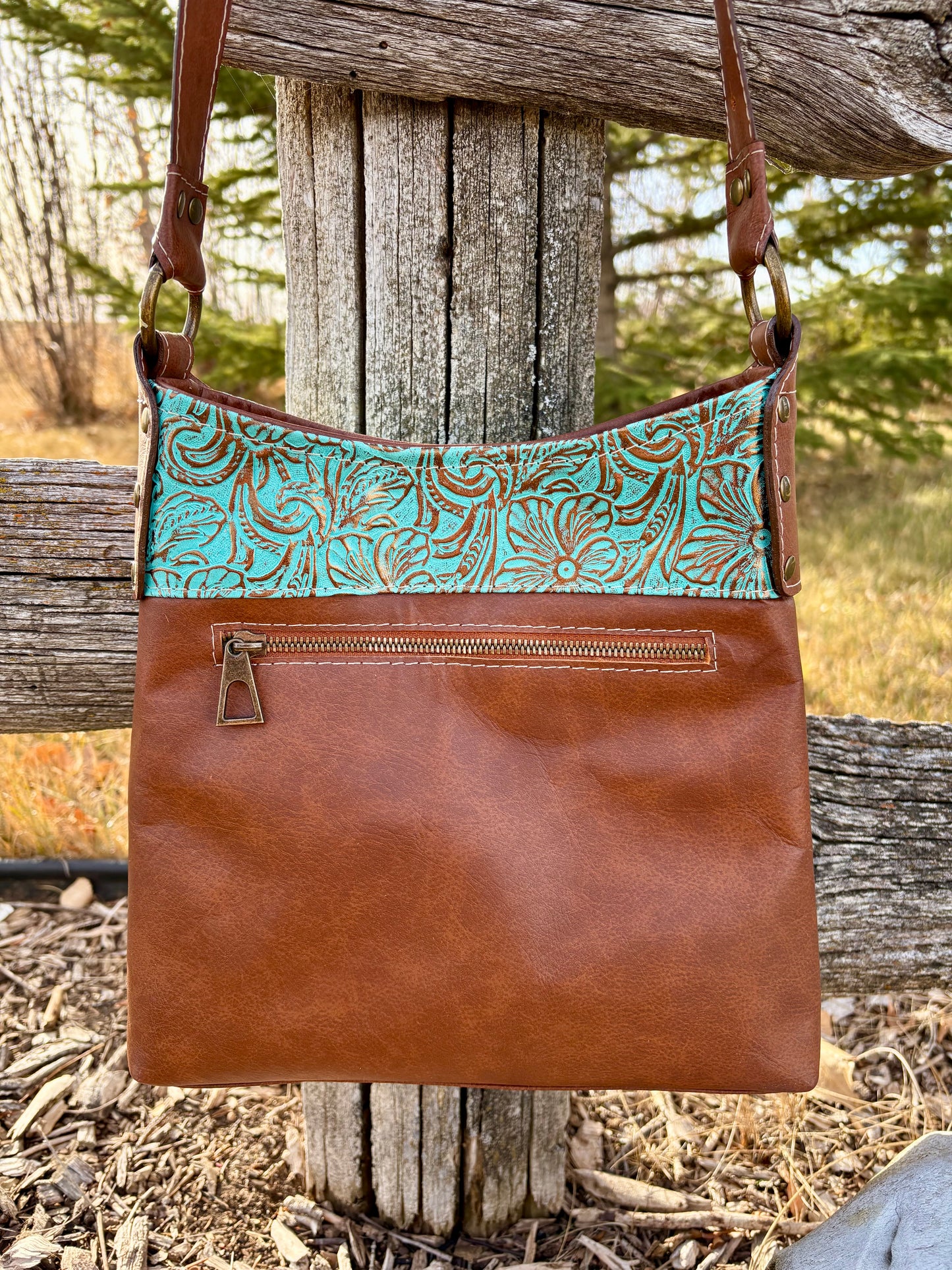 Copper Embossed Teal Leather Crossbody Purse and Matching Wallet