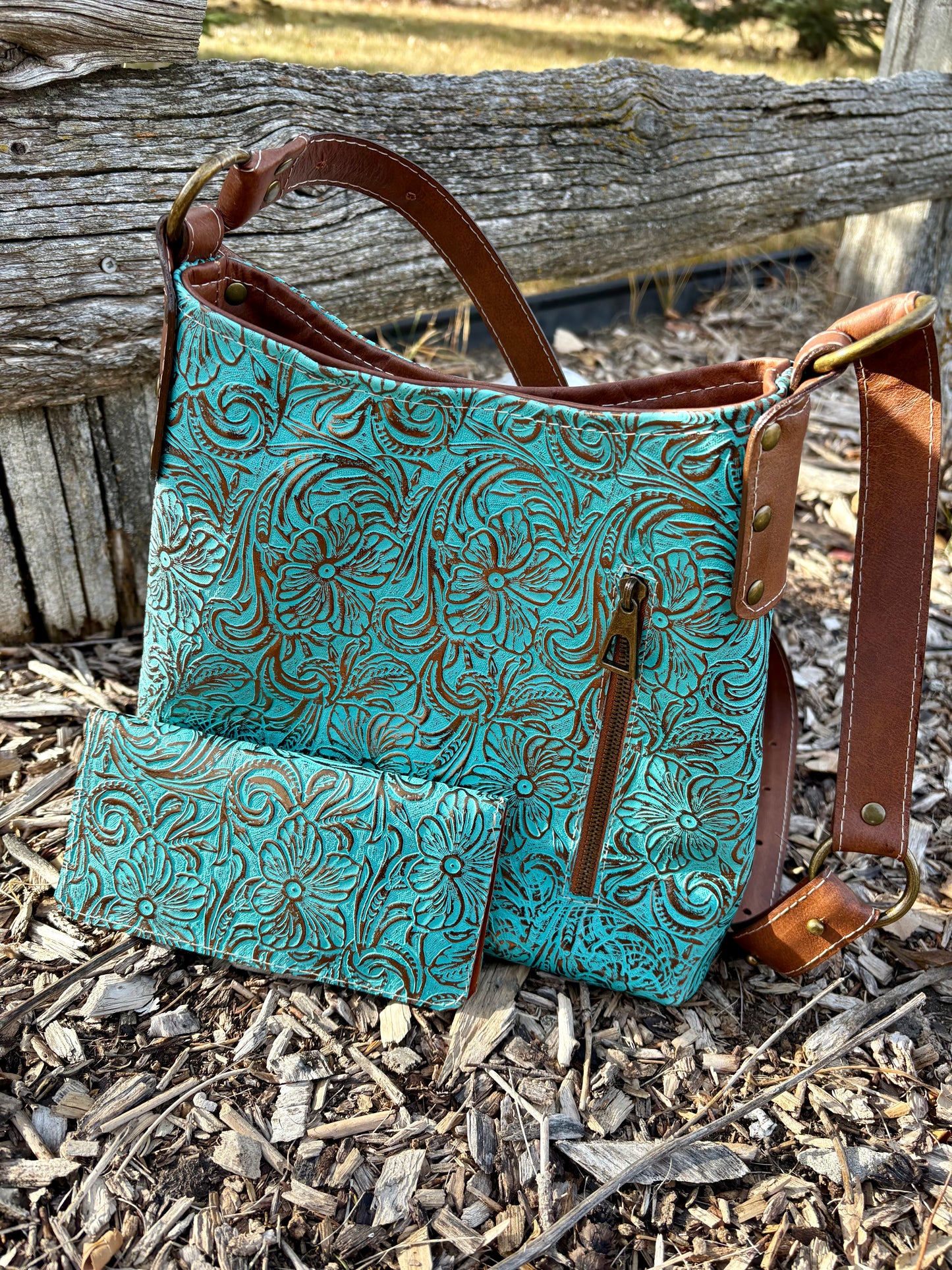 Copper Embossed Teal Leather Crossbody Purse and Matching Wallet