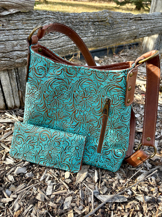 Copper Embossed Teal Leather Crossbody Purse and Matching Wallet