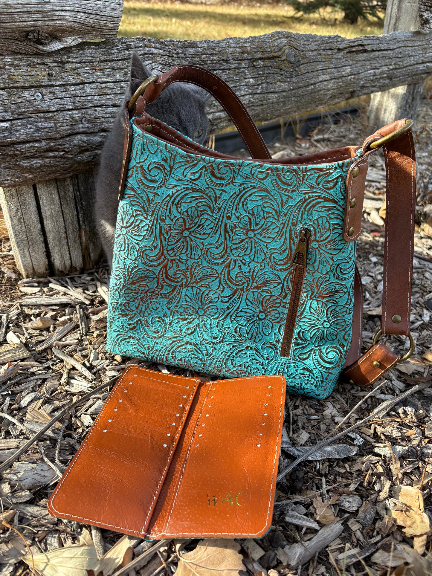 Copper Embossed Teal Leather Crossbody Purse and Matching Wallet