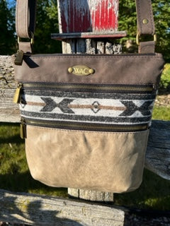 Brown and Distressed Grey Leather with Wool Insert Crossbody Purse