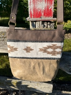 Brown and Distressed Grey Leather with Wool Insert Crossbody Purse