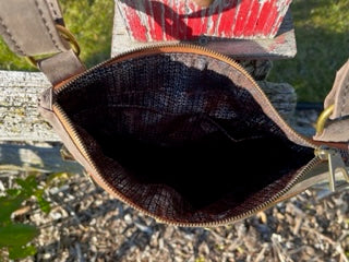 Brown and Distressed Grey Leather with Wool Insert Crossbody Purse