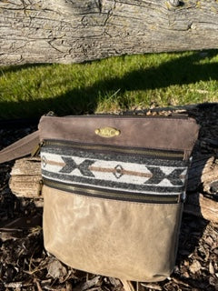 Brown and Distressed Grey Leather with Wool Insert Crossbody Purse