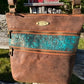 Brown Distressed Leather Crossbody with Metallic Teal Floral Embossed Leather