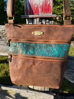 Brown Distressed Leather Crossbody with Metallic Teal Floral Embossed Leather