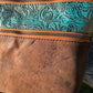 Brown Distressed Leather Crossbody with Metallic Teal Floral Embossed Leather