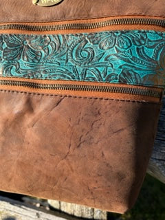 Brown Distressed Leather Crossbody with Metallic Teal Floral Embossed Leather