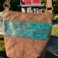 Brown Distressed Leather Crossbody with Metallic Teal Floral Embossed Leather