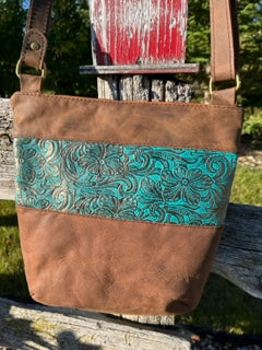 Brown Distressed Leather Crossbody with Metallic Teal Floral Embossed Leather