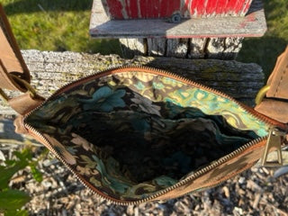 Brown Distressed Leather Crossbody with Metallic Teal Floral Embossed Leather