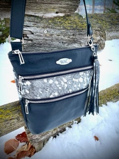 Black Leather and Metallic Silver Hair on Hide Cross Body Bag