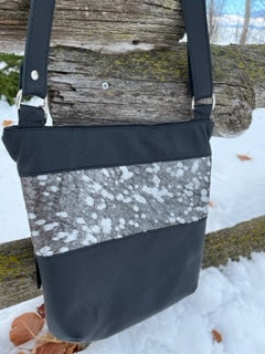 Black Leather and Metallic Silver Hair on Hide Cross Body Bag