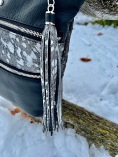 Black Leather and Metallic Silver Hair on Hide Cross Body Bag