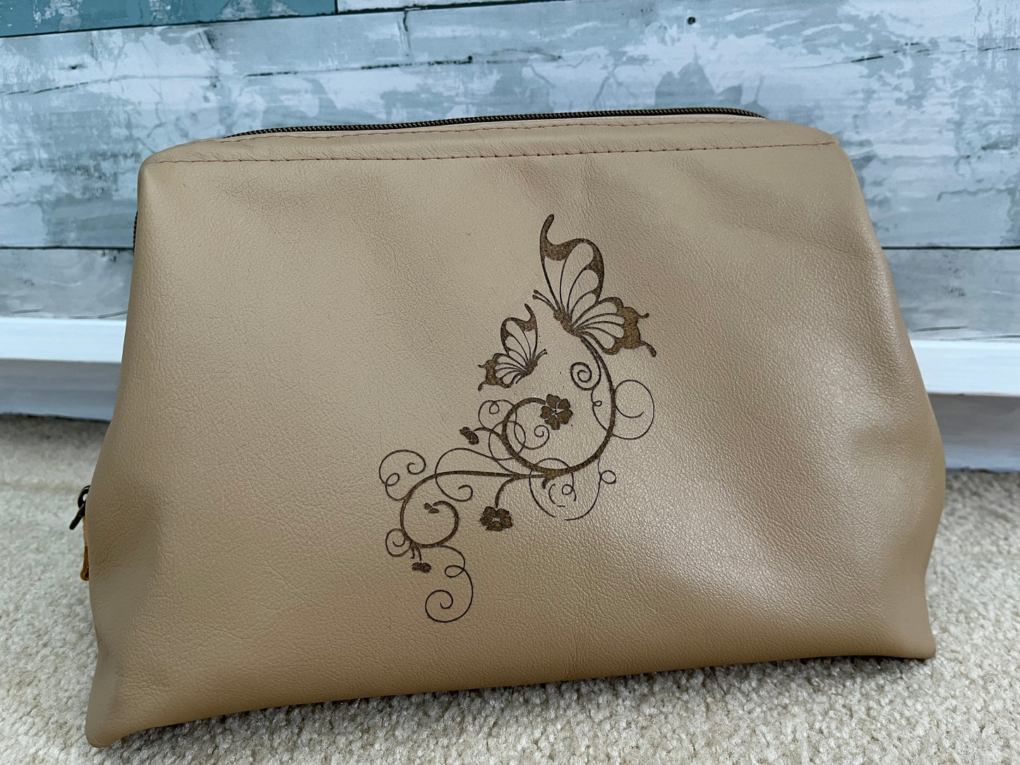 Tan Leather Toiletry Bag with Laser Engraved Butterfly