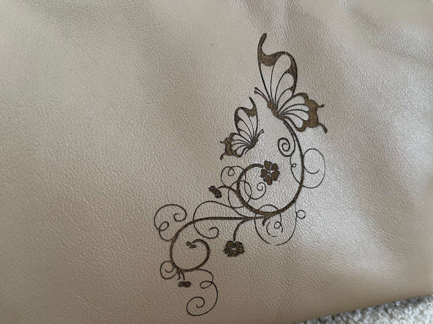 Tan Leather Toiletry Bag with Laser Engraved Butterfly