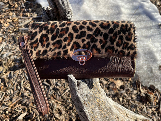 Embossed Floral Leather with Leopard Print Flap Wallet and Wristlet Strap